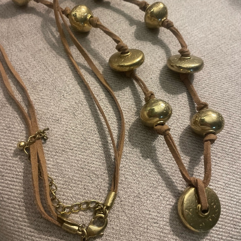 CHICO'S SUEDE LEATHER GOLD TONE METAL BEADED NECKLACE